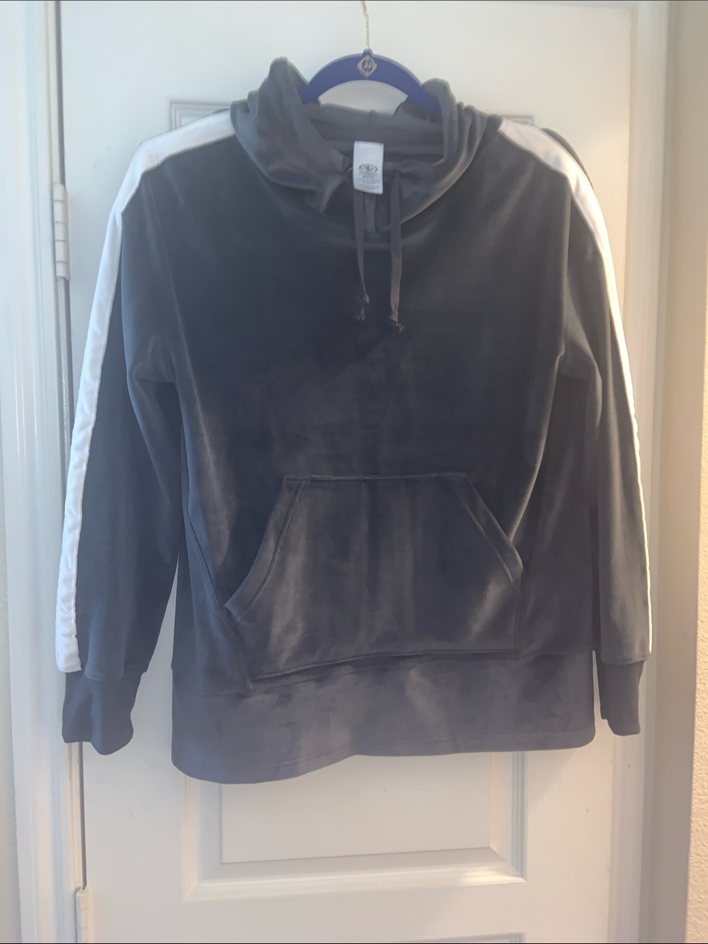 Athletic Works Gray Pullover Velvet Hoodie with White Sleeve Stripe